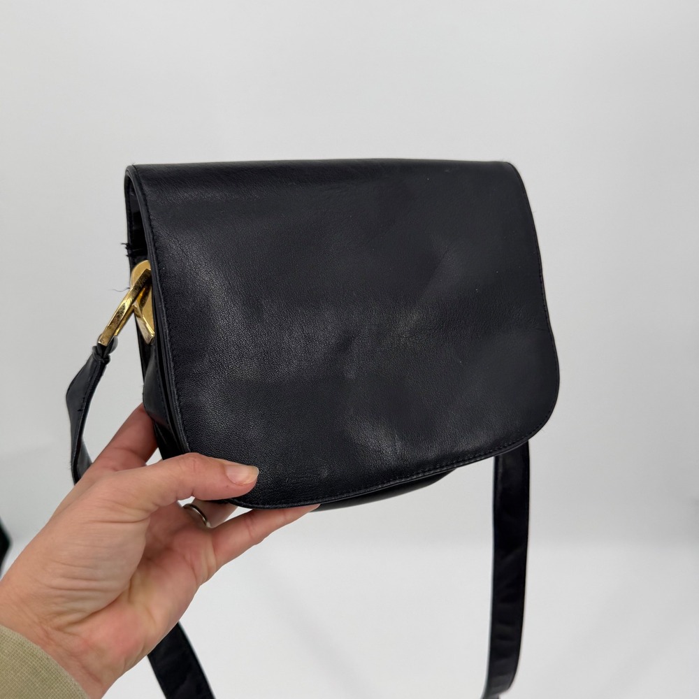 Vintage Black Leather Crossbody Bag Gold Tone Hardware Flap Shoulder Bag
